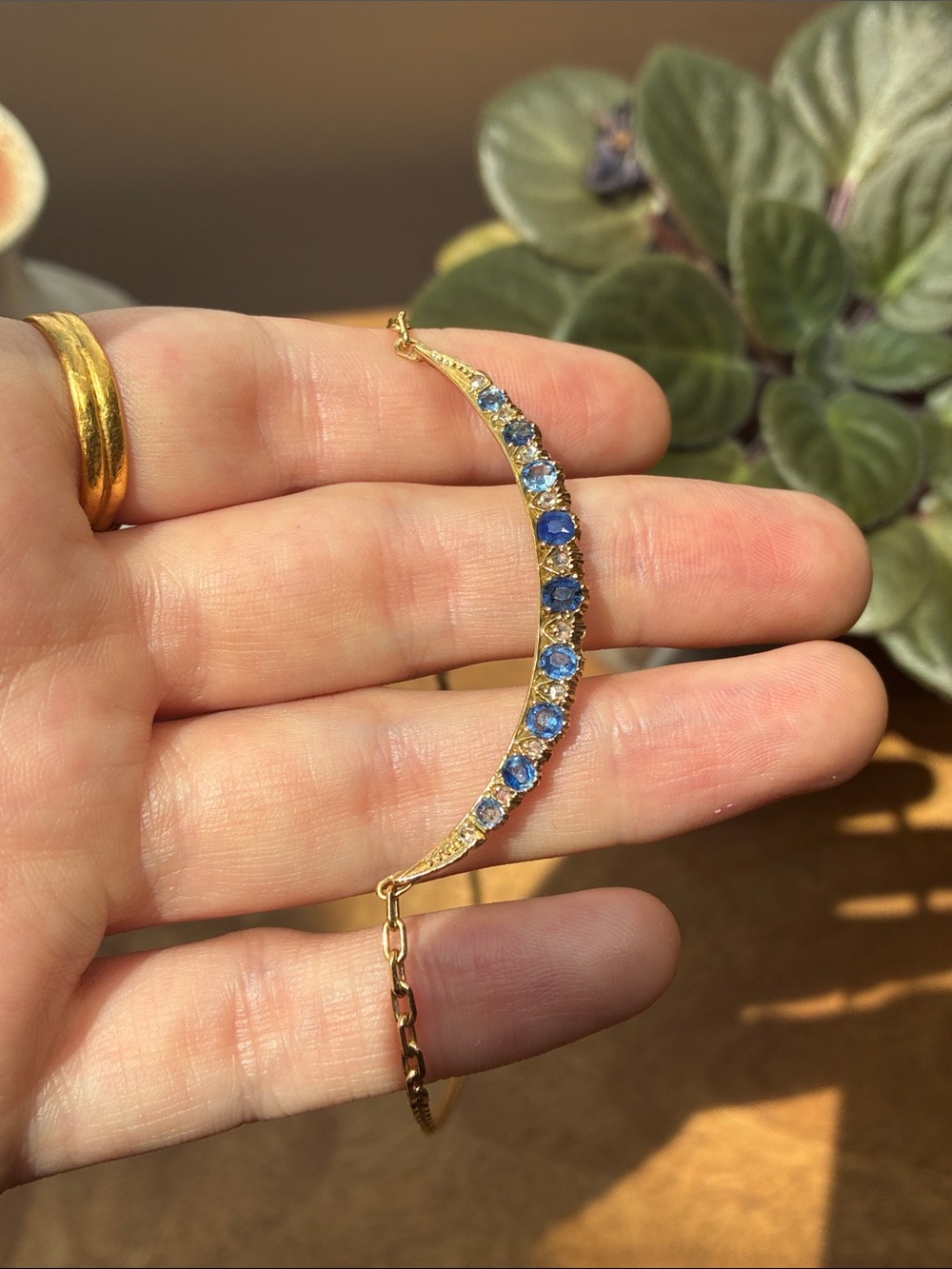18k gold Victorian crescent moon necklace conversion sapphire & diamond